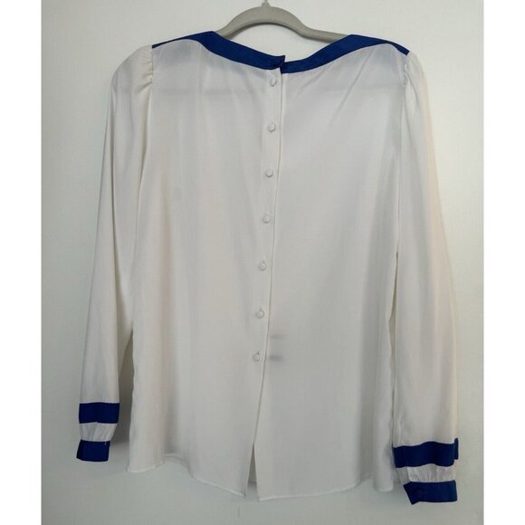 ST. JOHN White Button Down Collarless blouse Size 10  Sheer Blue Accent Luxury - Picture 4 of 9